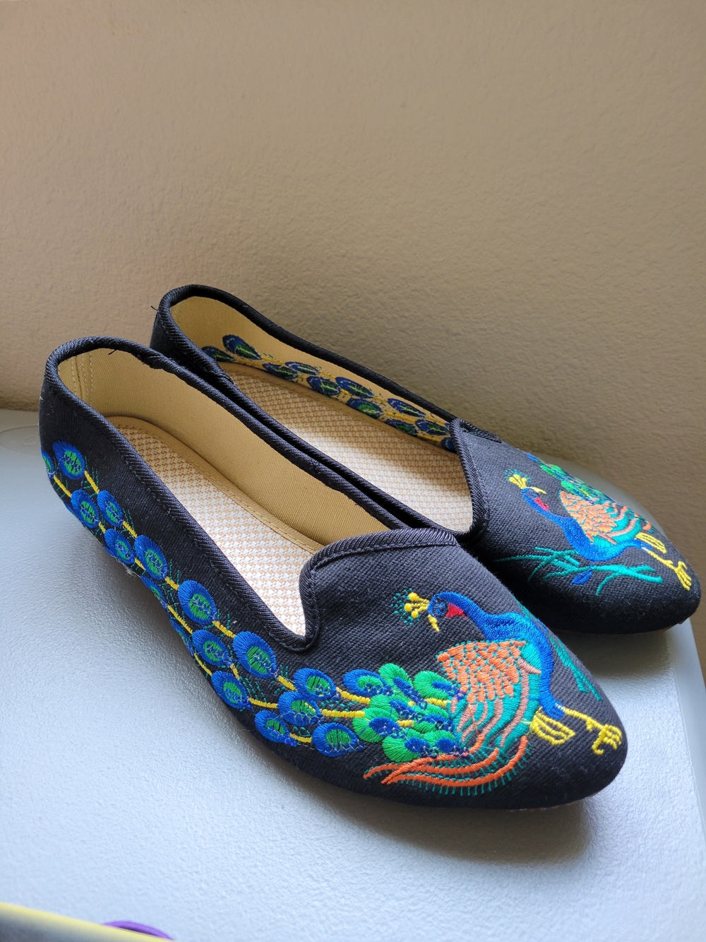 Black Embroidered Peacock Ballet Flats